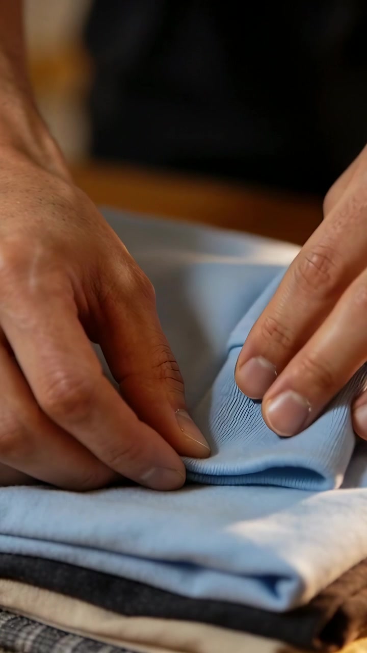 Vertical video: Pinching cuff, hands in dark top tucking blue shirt on wood table, tidying stack