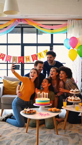 group of friends celebrating a birthday and taking a selfie
