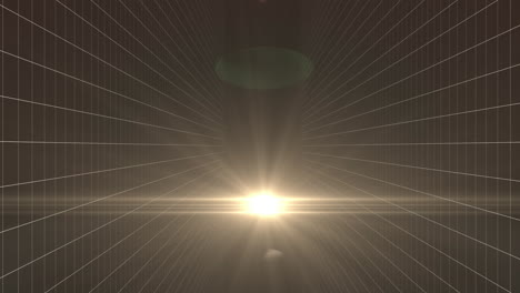 digital animation of bright spot of light and lens flare against grid network on black background