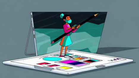 digital artist at a tablet with an oversized pencil