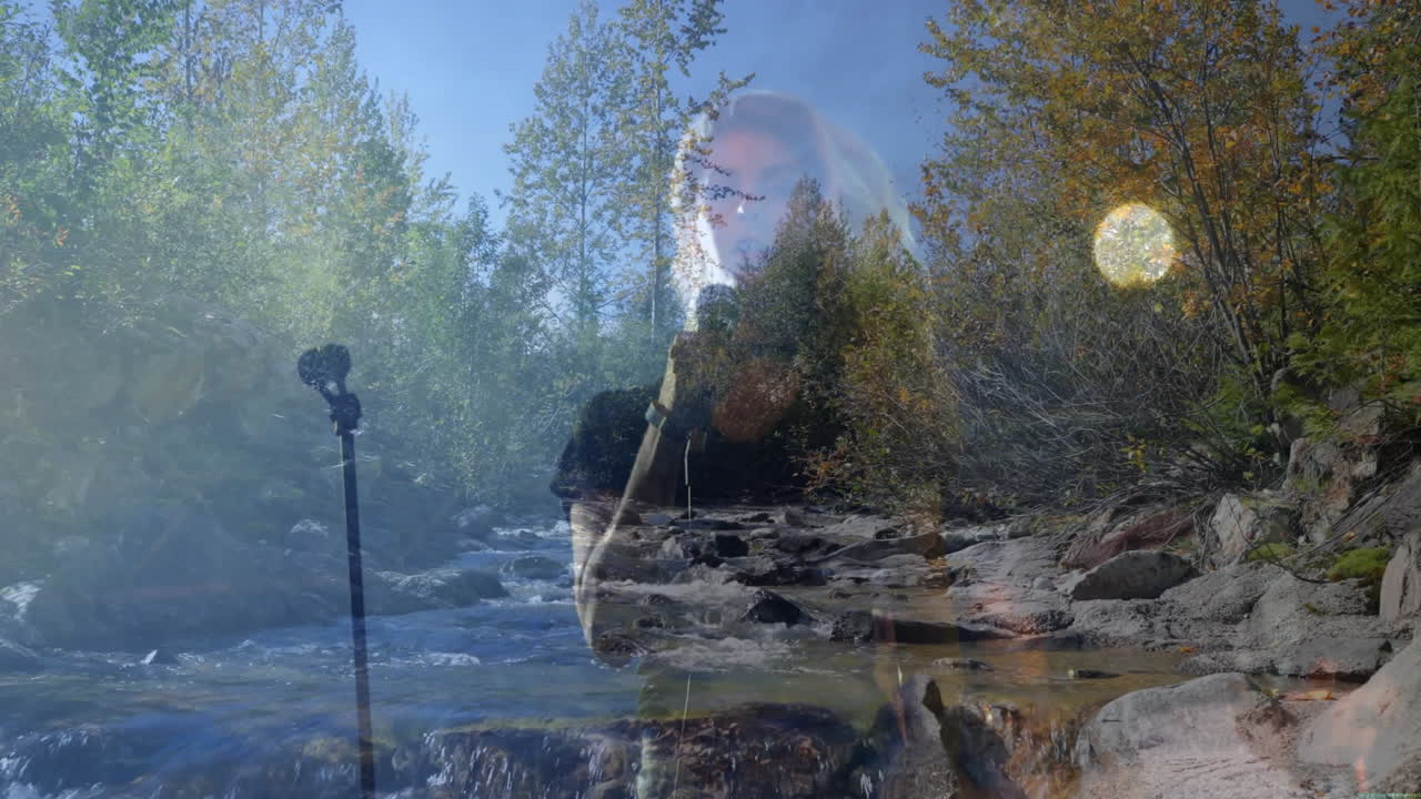 woman singing at mountain creek, showing animated sound waves and music icons for music technology