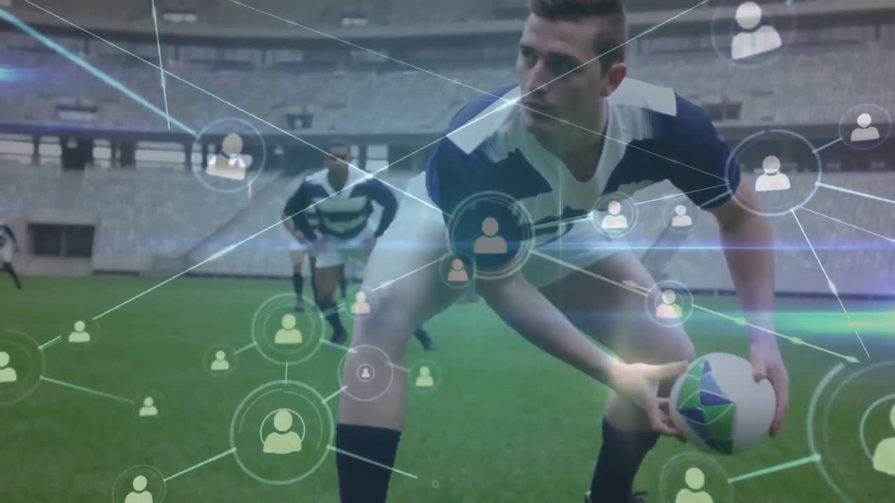 두 개의 다민족 럭비 팀이 럭비를 하는 것에 대한 사회적 아이콘과의 연결망의 애니메이션