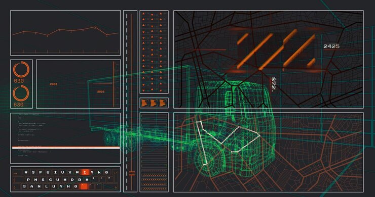 Grønn wireframe-modell av kjøretøy svever over et mørkt rutenettkart, med 3D-renderte datapaneler.