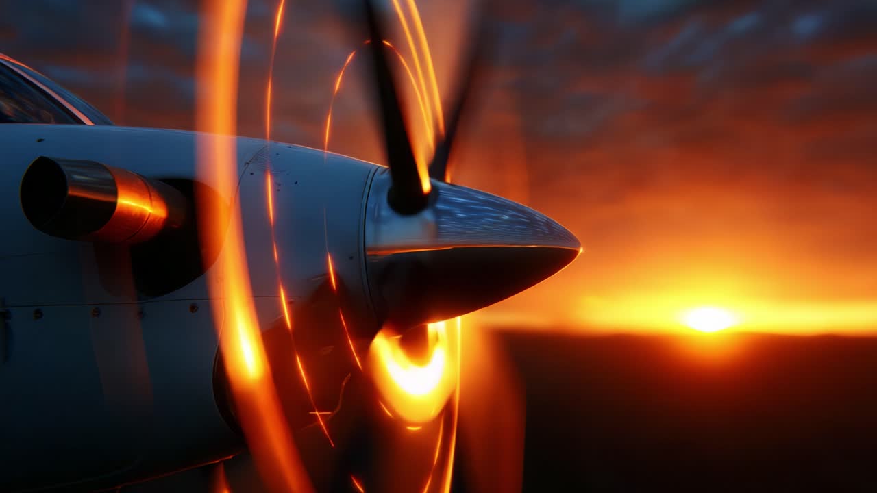 Captivating Sunset View from an Airplane with an Intensely Spinning Propeller Creating a Fiery Glow Against the Horizon, Perfectly Showcasing Aviation and Nature's Beauty