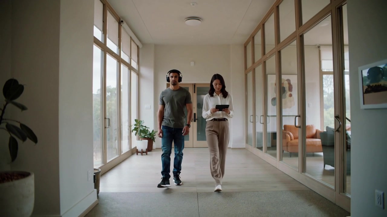 Entrando por la puerta, dos adultos caminando por el pasillo, la mujer usando una tableta y el hombre llevando auriculares.