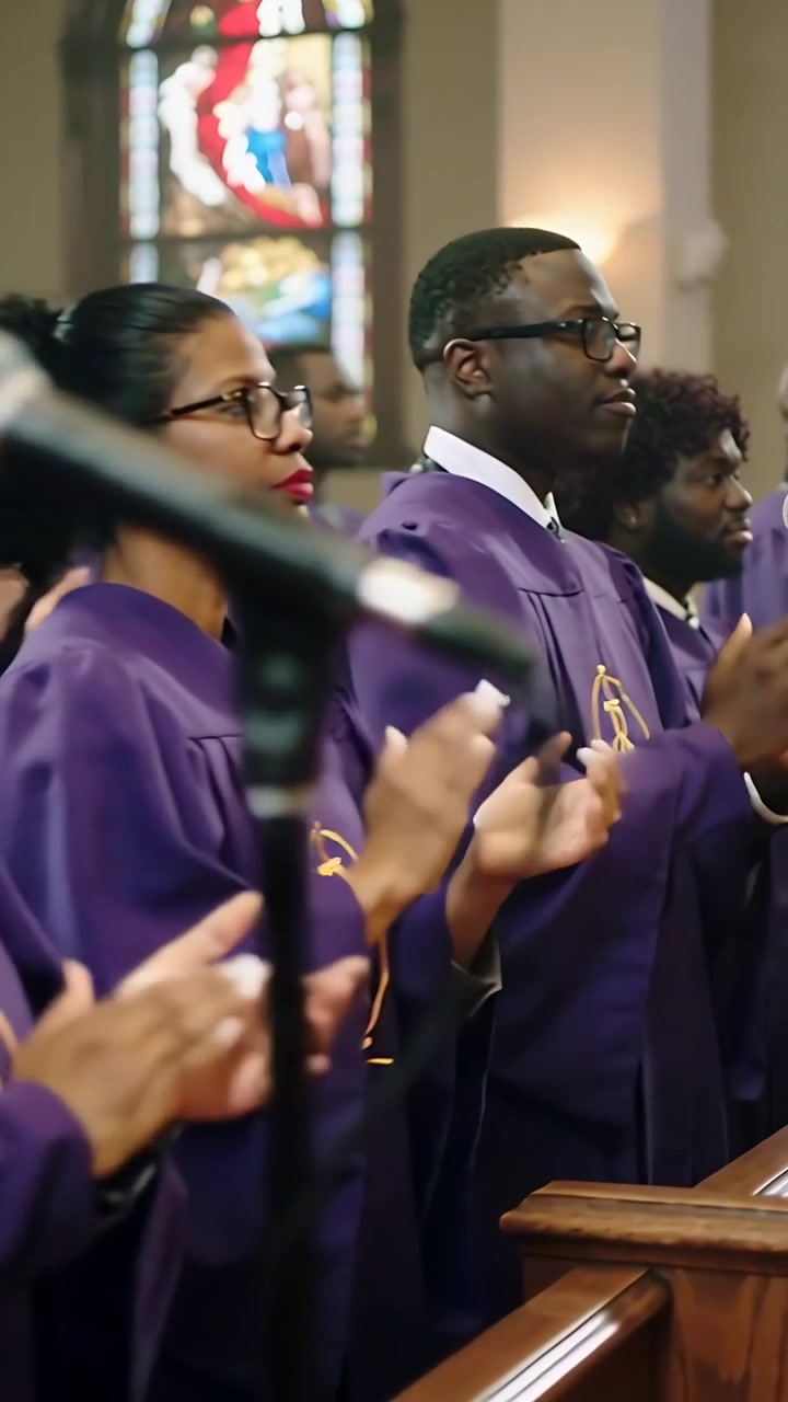 Vertical video: Clapping choir members wearing purple robes singing during worship, mic visible