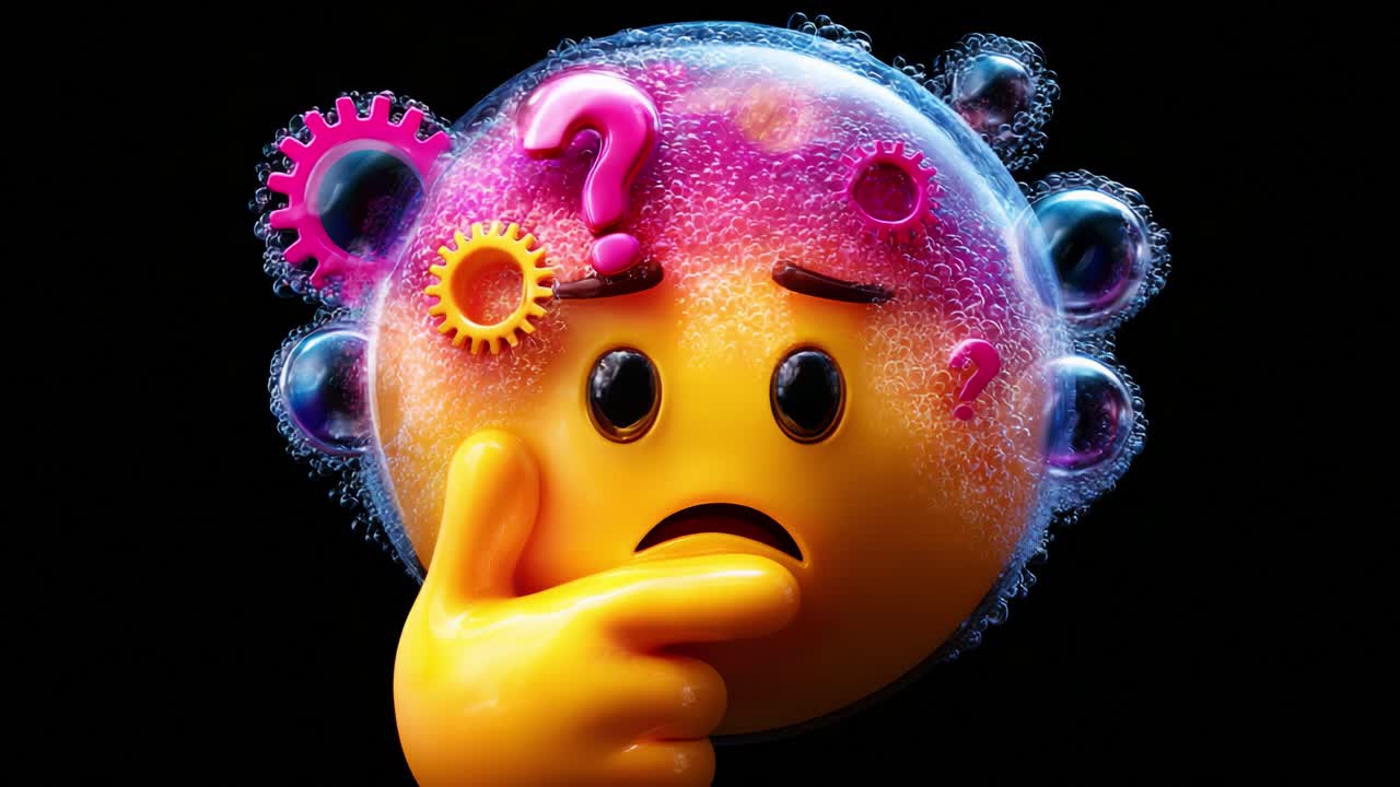 Contemplating Questions: A Thoughtful Emoji Surrounded by Colorful Bubbles and Gears Represents Curiosity, Confusion, and the Search for Answers in a Whimsical Visual Journey