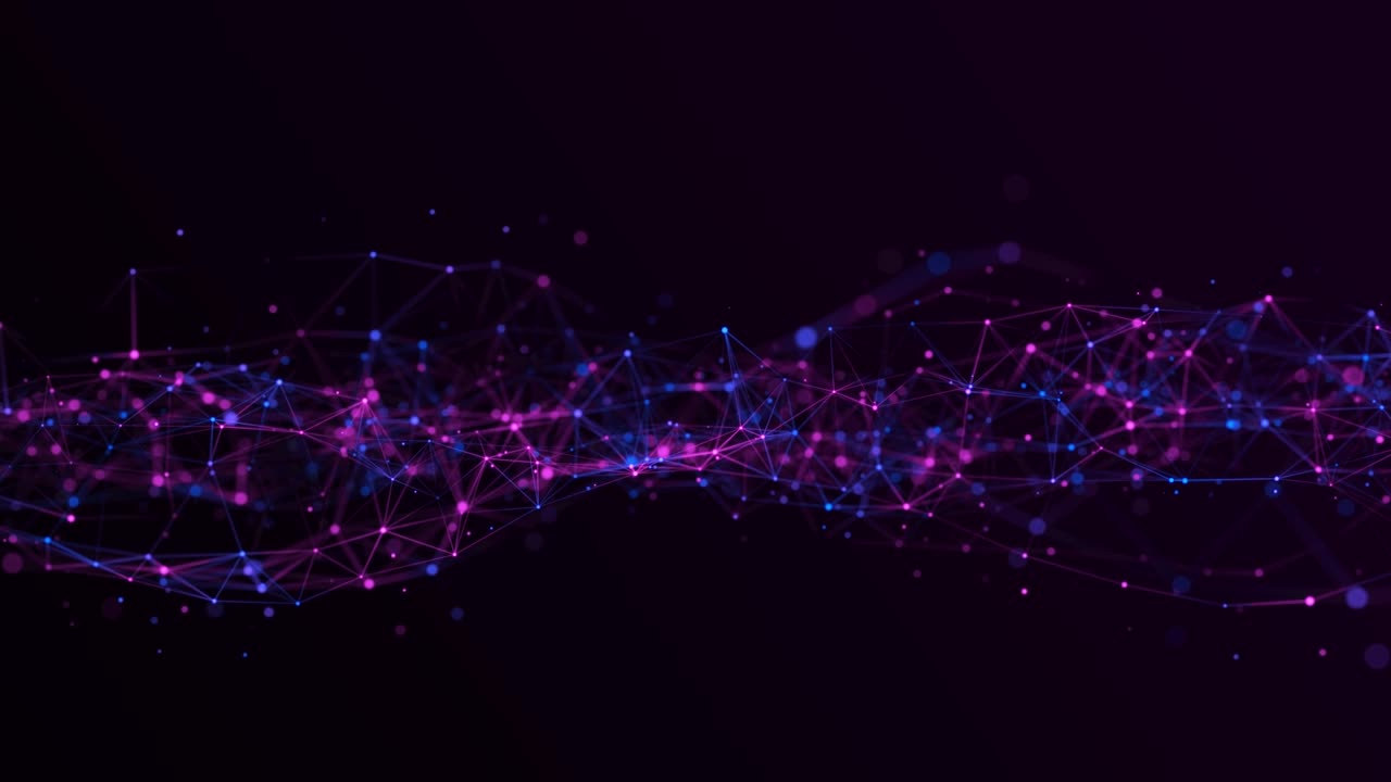 Abstract geometric flow with connecting dots and lines. Abstract purple digital dynamic wave concept. Network concept. Big data complex with compounds. 3D rendering.