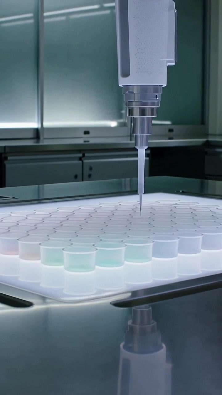 Vertical video: Signal starting robotic head adding green fluid on backlit lab plate, filling wells