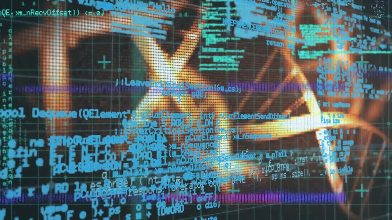 animación del procesamiento de datos sobre cadenas de adn girando