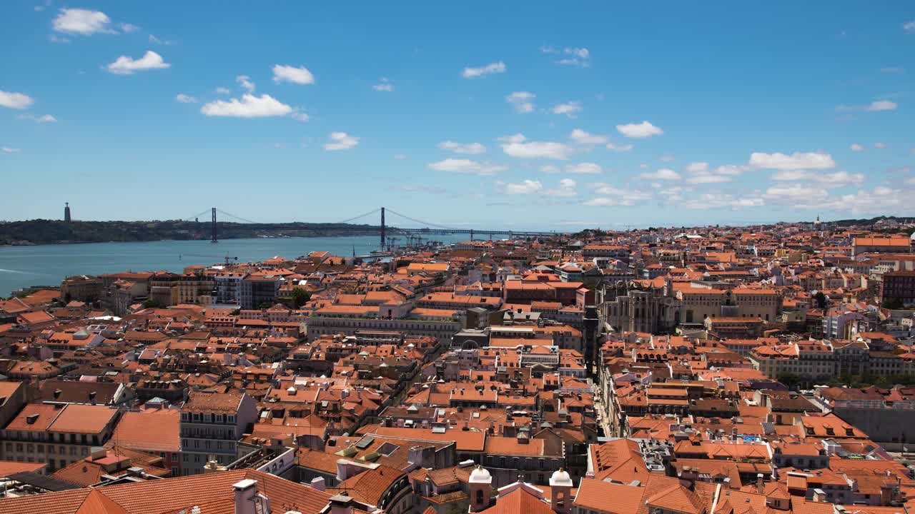 Timelapse del paesaggio urbano di Lisbona dai tetti, in una giornata di sole con cielo azzurro.