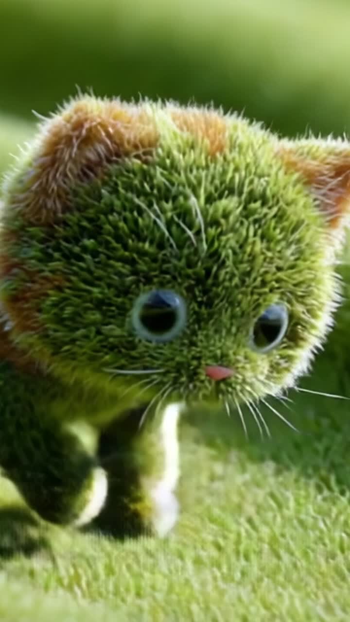 豊かな草でできた可愛らしい緑の子猫が、柔らかな質感と色彩に満ちた鮮やかな自然の風景の中を遊び心たっぷりに動き回る、魅力的な光景。