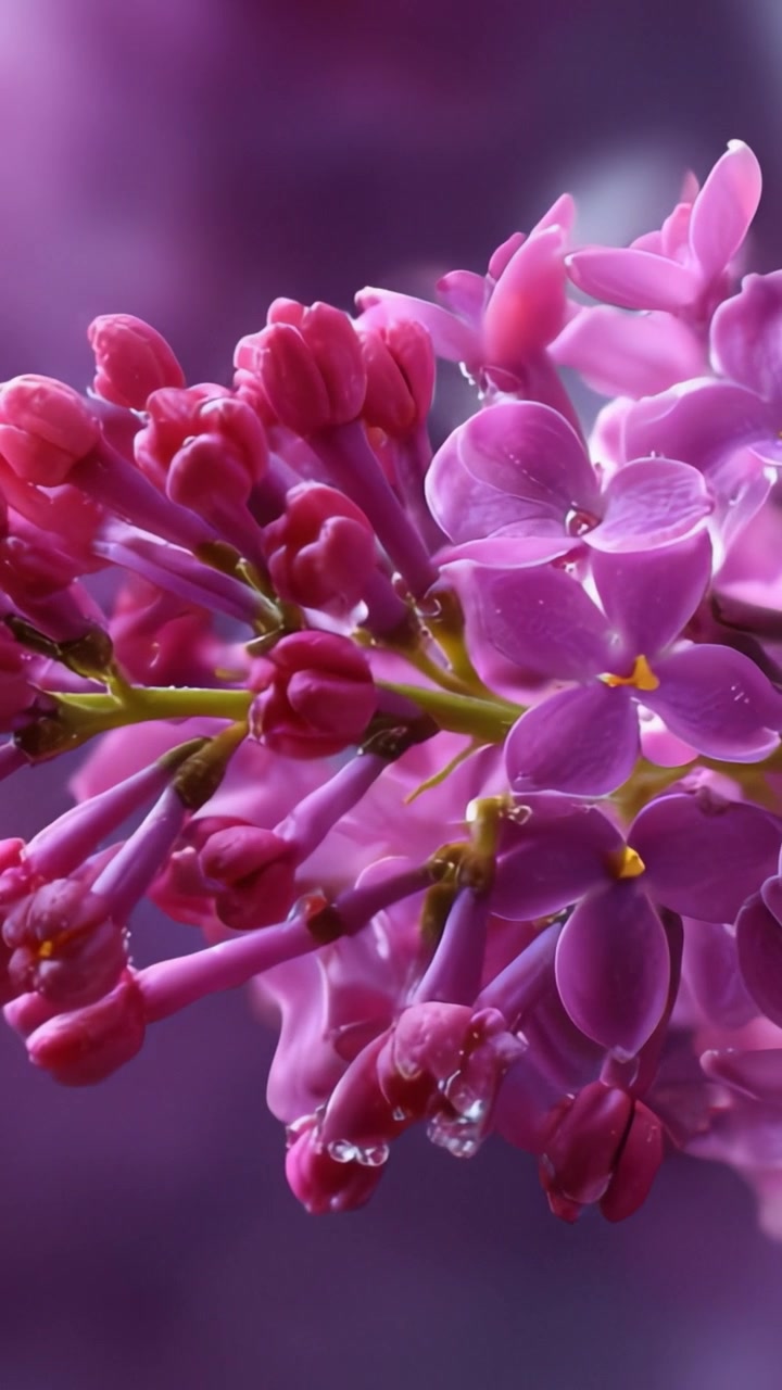 Tampilan close-up bunga lilac merah muda dan ungu cerah yang dihiasi tetesan air, menampilkan struktur kelopak yang rumit dengan latar belakang buram.