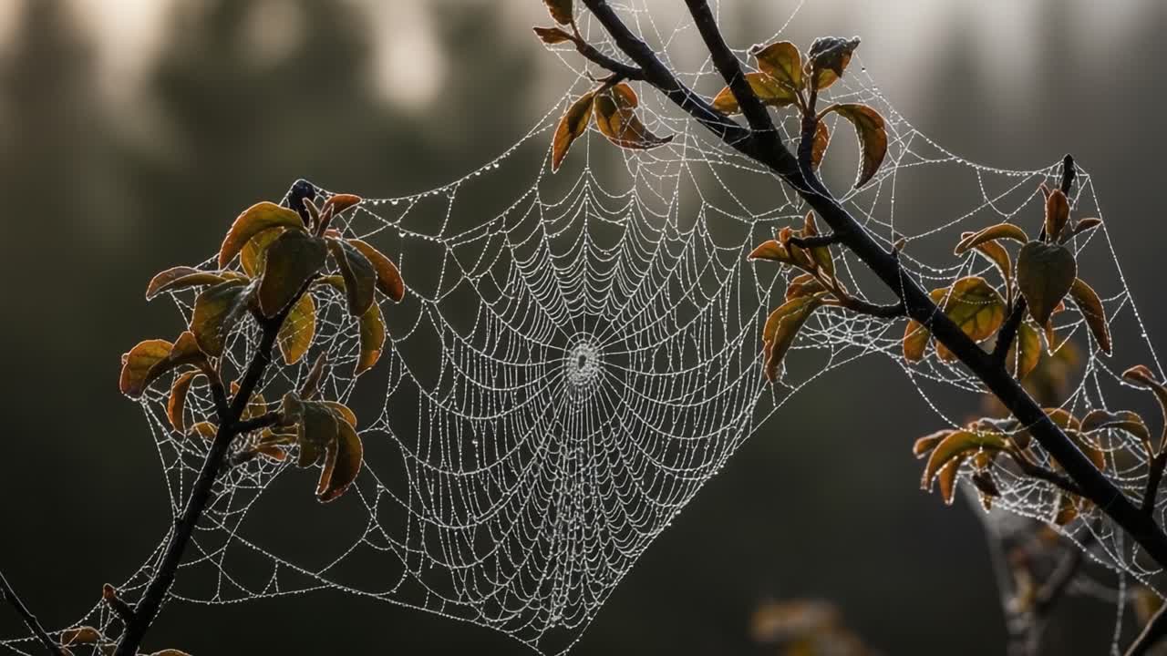 A Close-Up View of a Dew-Covered Spider Web Draped Between Branches as the Morning Light Illuminates the Nature Scene with Soft Fog