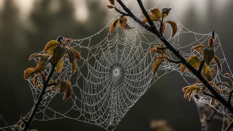 a close-up view of a dew-covered spider web draped between branches as the morning light illuminates the nature scene with soft fog