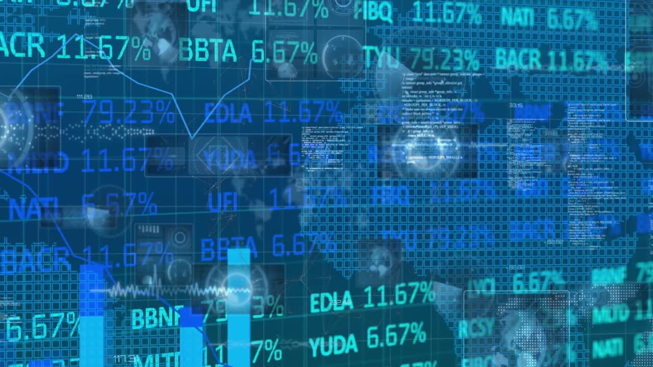 Animation of trading board, graphs, globes, maps and radars against blue background