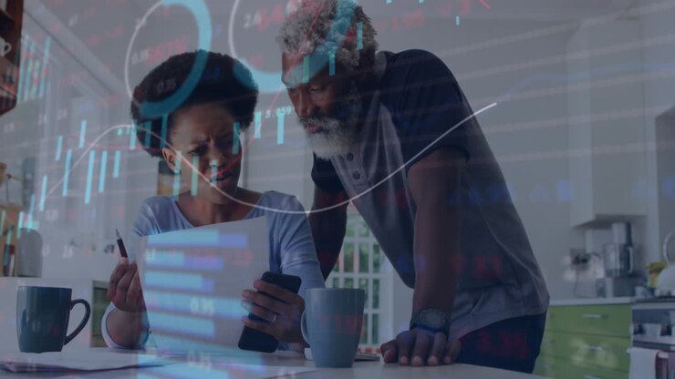 Animazione di elaborazione dati finanziari su padre e figlia afroamericani che leggono documenti