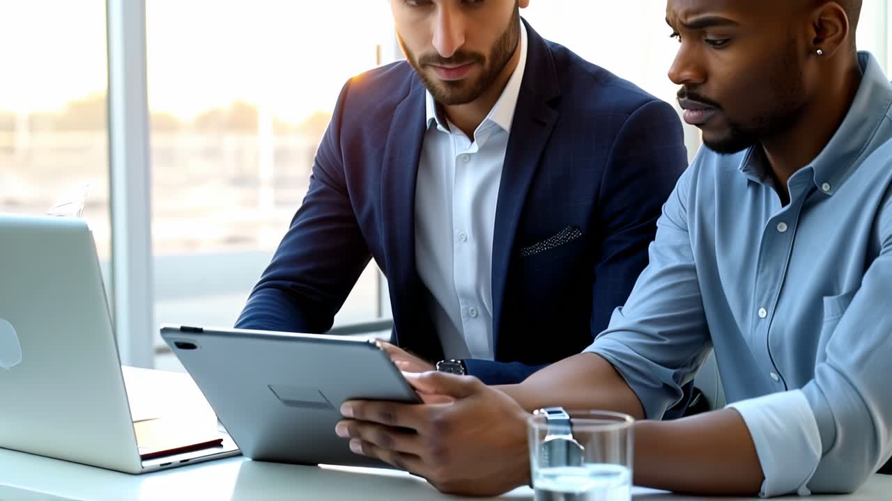 Due uomini sono seduti a un tavolo con laptop e tablet in ufficio.