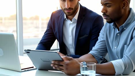 two men are sitting at a table with laptops and tablets in office.