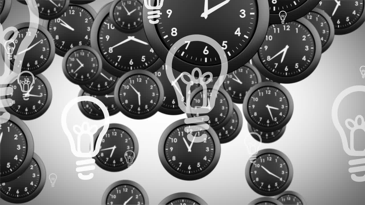 iconos de bombillas de animación sobre un reloj negro cayendo contra un fondo abstracto