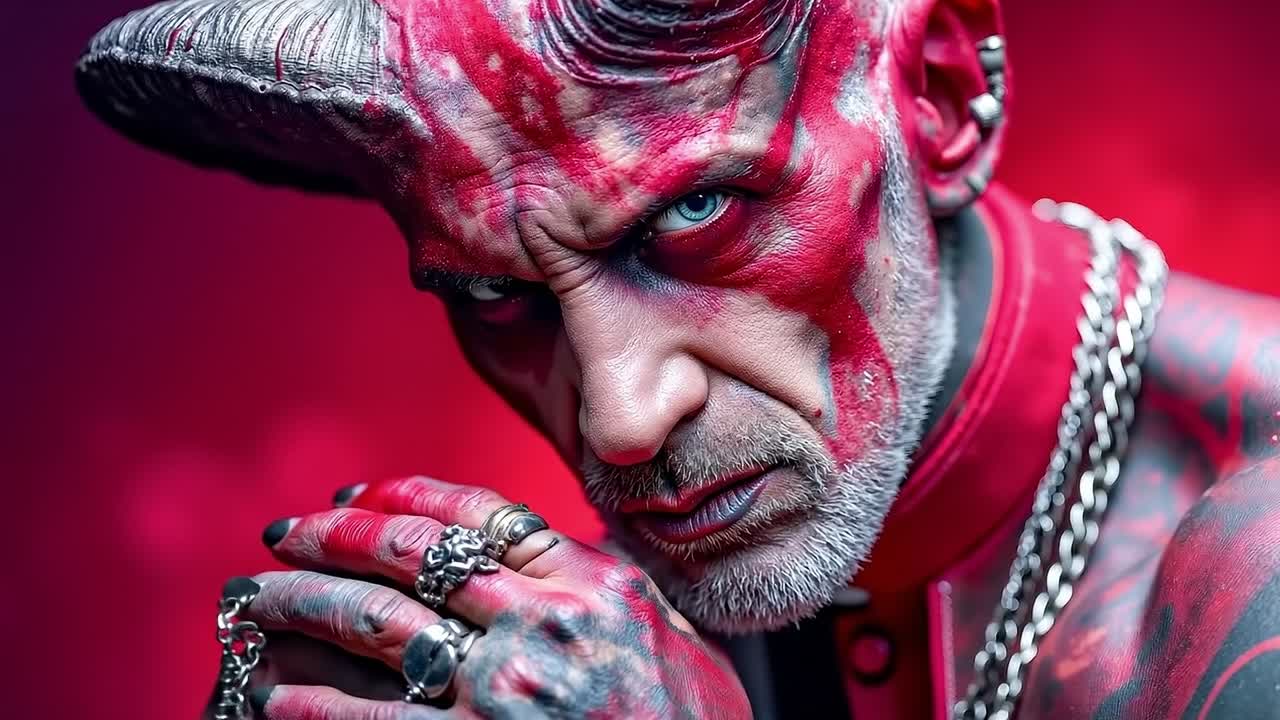 un hombre con pintura roja en la cara y las manos