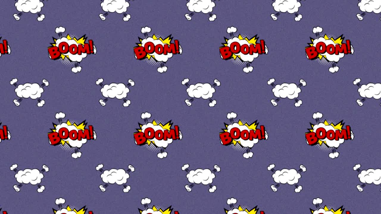 animación de múltiples burbujas de habla de dibujos animados vintage y nubes con boom! texto en movimiento