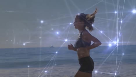 Animation-of-network-of-connections-over-fit-caucasian-woman-jogging-on-beach