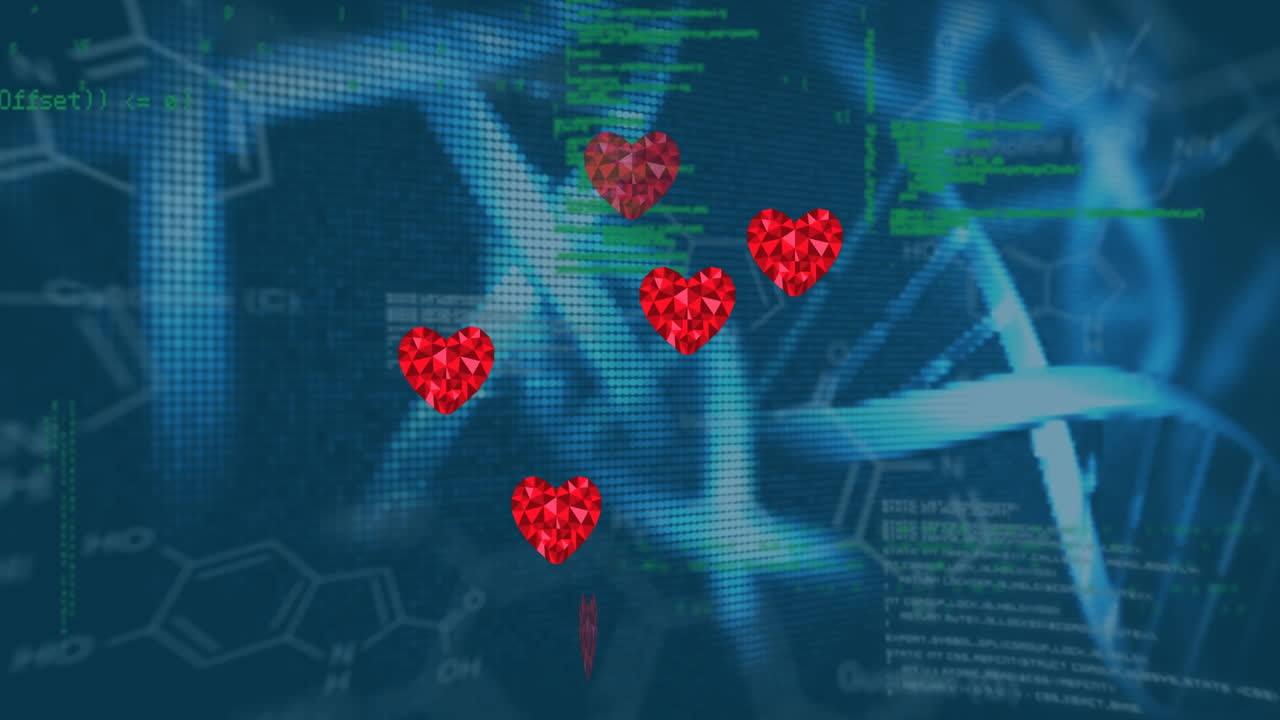 Animation of red heart icons and dna structures over data processing against blue background