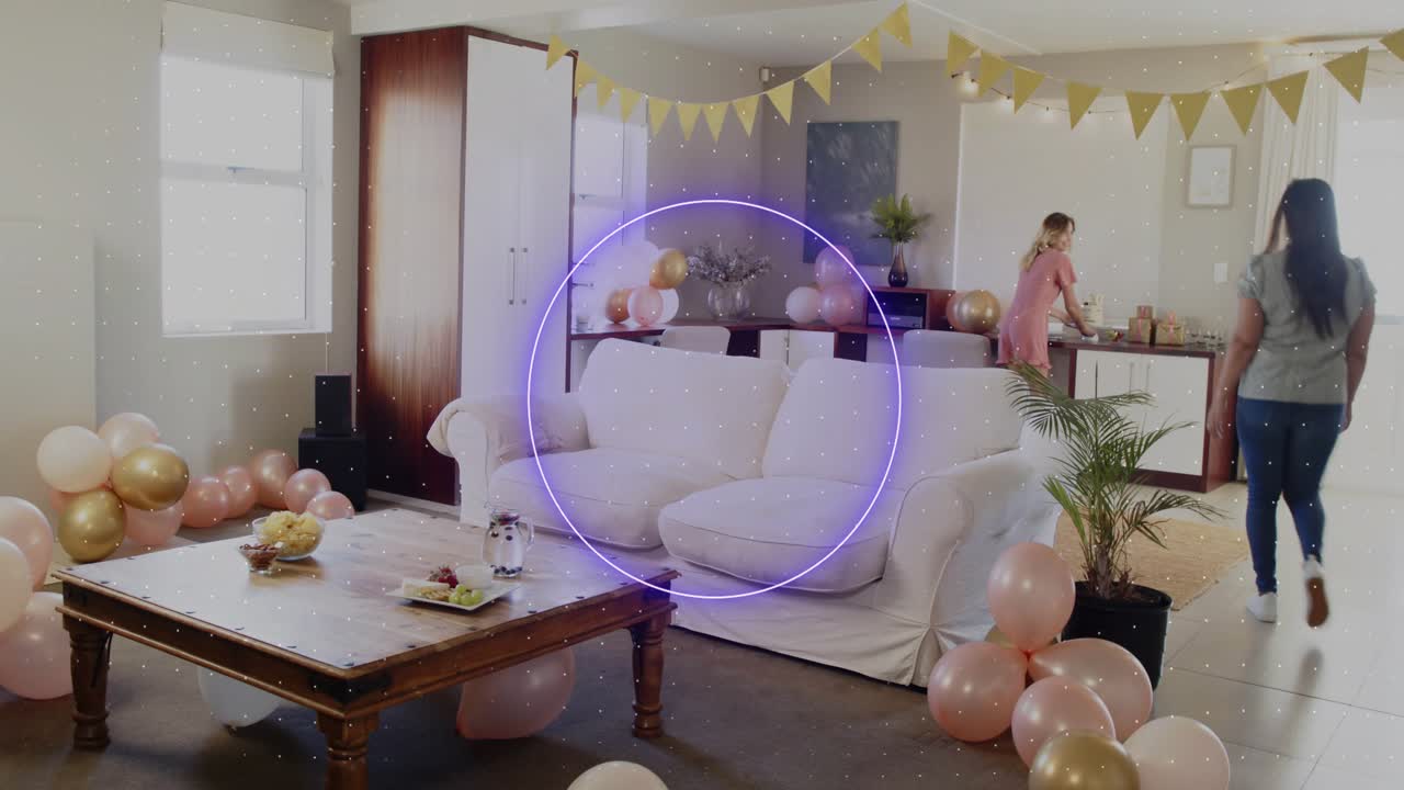 Two women entering with trays placing food on table fixing balloons neon overlays crossing party