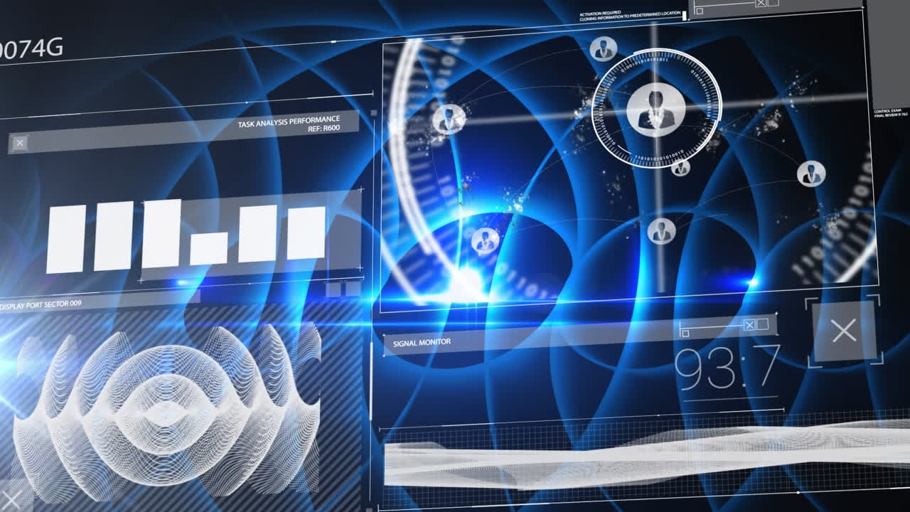 파란색과 검은색 화면에 다양한 데이터와 아이콘의 애니메이션