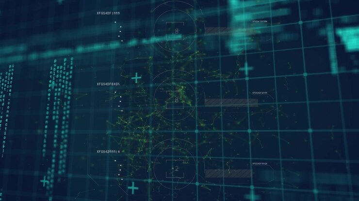 Animation of digital data processing over grid and globe