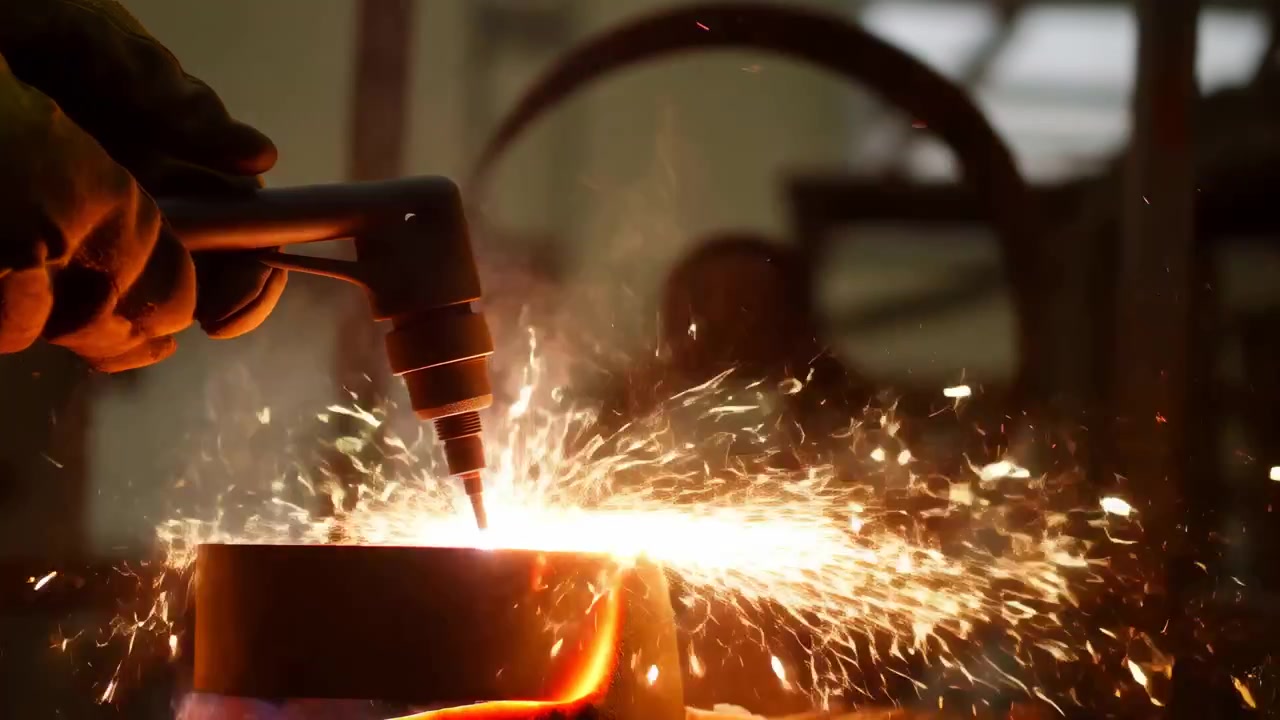 Gloved Hands Cutting Metal With Torch, Sparks Erupting And Molten Edge Glowing Orange, Closeup Workshop Scene
