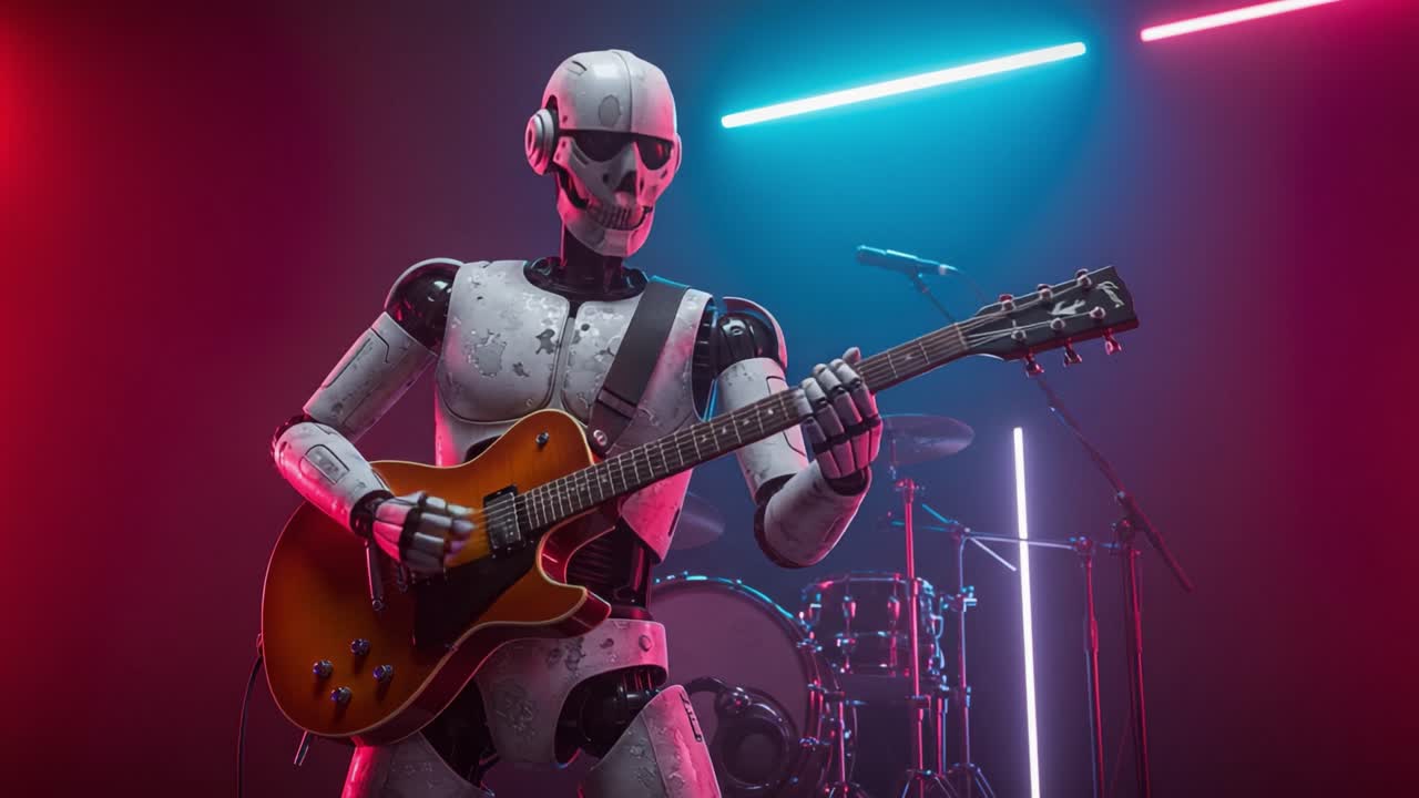 Futuristinen robotti rokkamassa lavalla sähkökitaran kanssa neonvalojen ja rumpujen eloisassa ilmapiirissä, vangiten ainutlaatuisen musiikkiesityksen