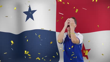 animation of biracial female soccer player over flag of panama