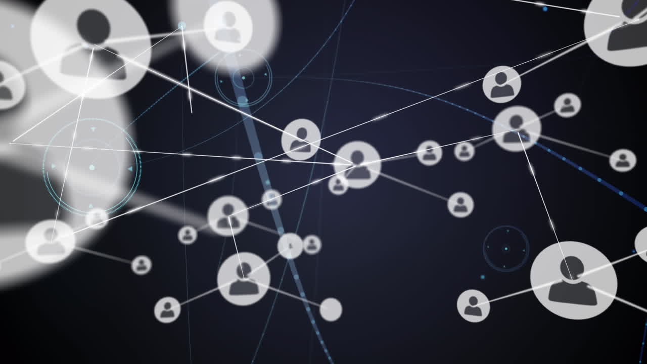 Animation of network of connections with icons over black background