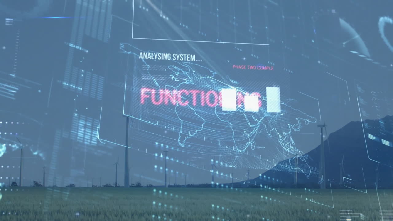 Wind turbines spinning across grassy plain, flat design HUD overlay showing world map data charts