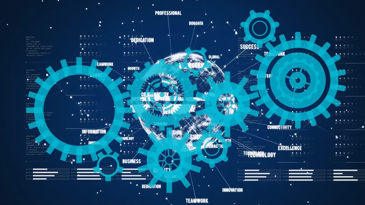 Animation of moving cogs, globe and data processing on navy background