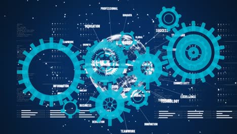 animation of moving cogs, globe and data processing on navy background