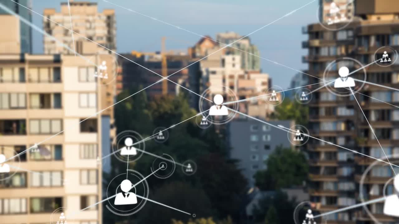 도시 풍경 위의 사람 아이콘과의 연결 네트워크의 애니메이션