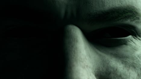 scary menacing gaze of a man with empty black eyes close-up. horror concept. seamless loop character facial animation with cinematic lighting. 3d render