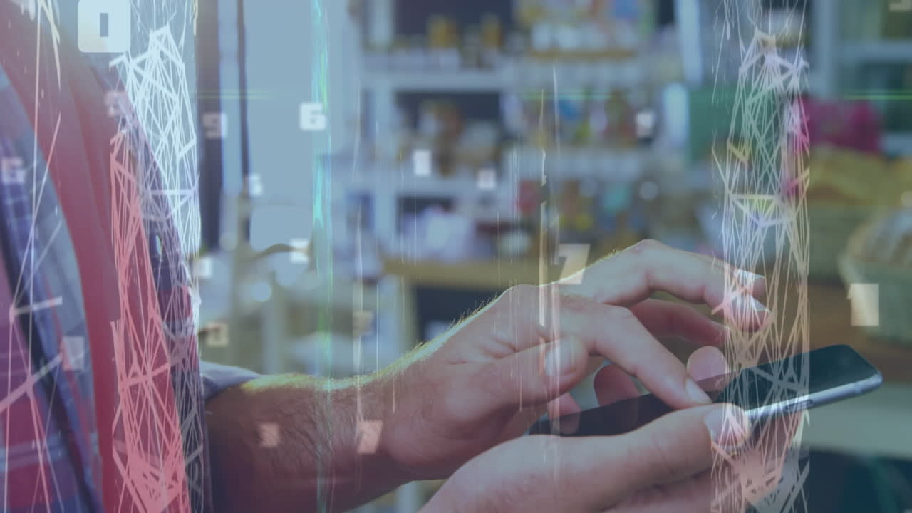 animación de un hombre usando un teléfono inteligente sobre un restaurante