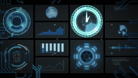 animation of data processing with scope scanning with clock on black background