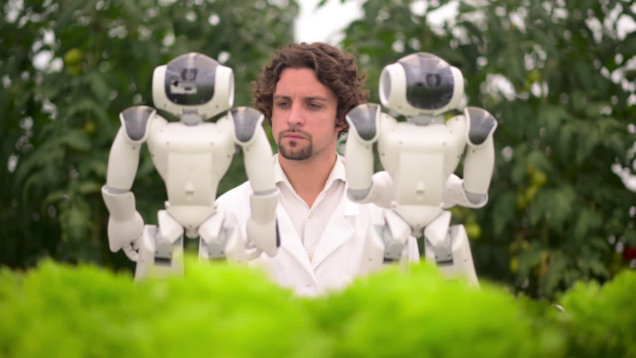 Laboratory technician in a white coat interacting with two humanoid robots near different types of lettuce in a greenhouse farm