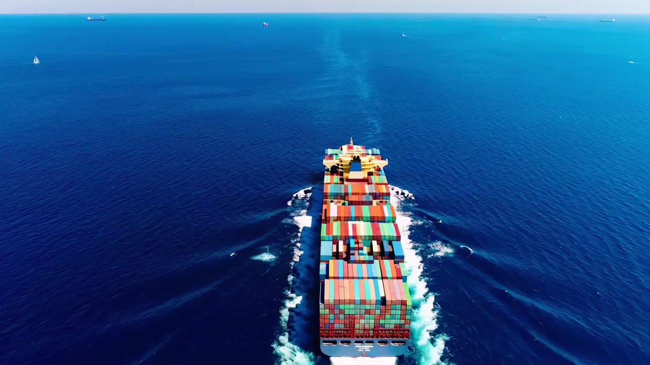 Aerial View of a Large Container Ship Sailing Across the Ocean