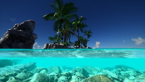 vista dividida de la sección transversal de agua de mar y palmeras en la isla