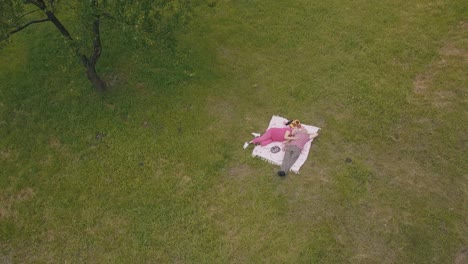 Family-weekend-picnic-in-park.-Aerial-view.-Senior-old-couple-lie-on-blanket-on-green-grass-meadow