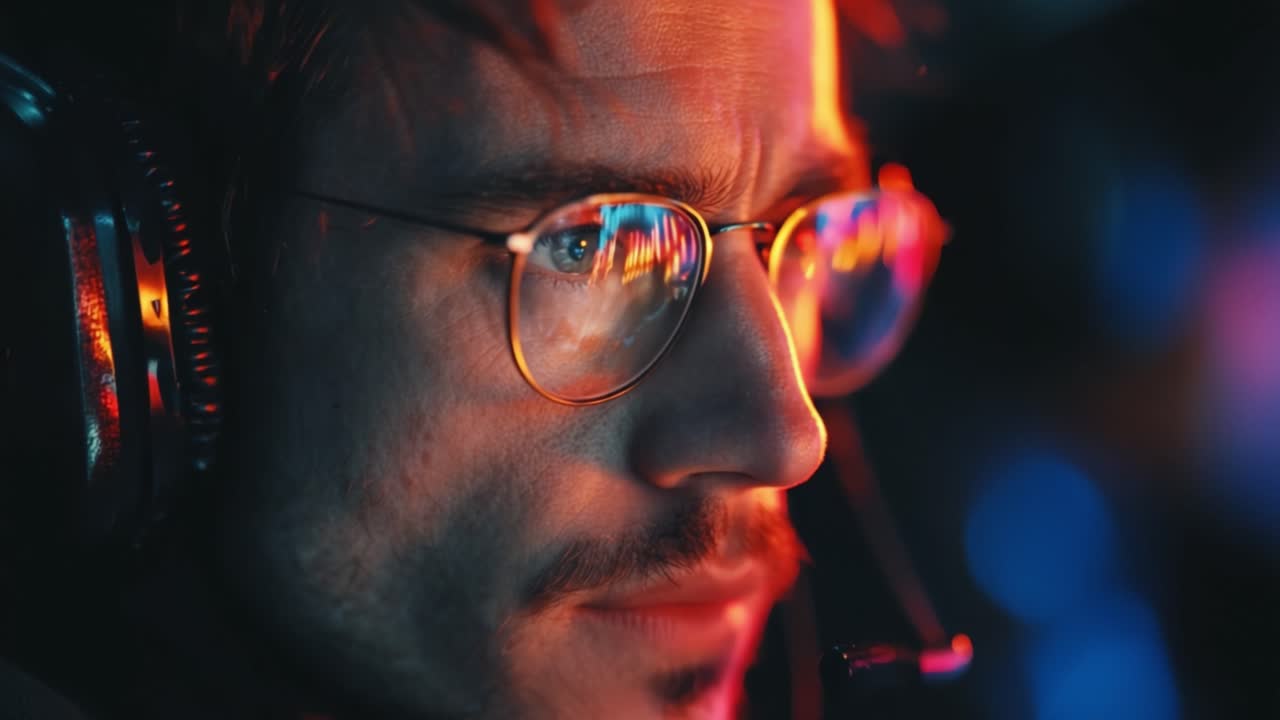 Intense Focus: A Close-up of a Gamer Immersed in Virtual Reality – Capturing the Emotional Depth and Concentration in a Thrilling Gaming Experience