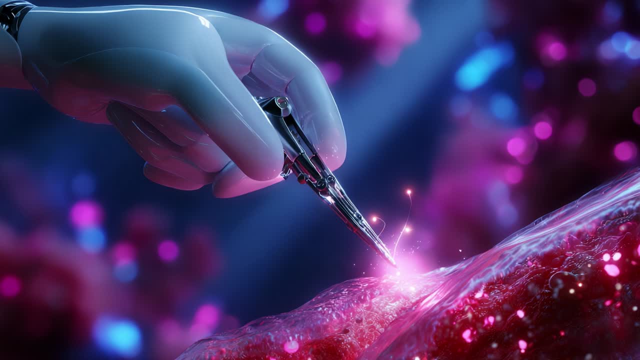A Cutting-Edge Robotic Hand Conducting Precise Surgical Operation with Illuminated Precision on a Vibrant Tissue, Symbolizing the Future of Medicine and Robotic Surgery Innovations in Modern Healthcare