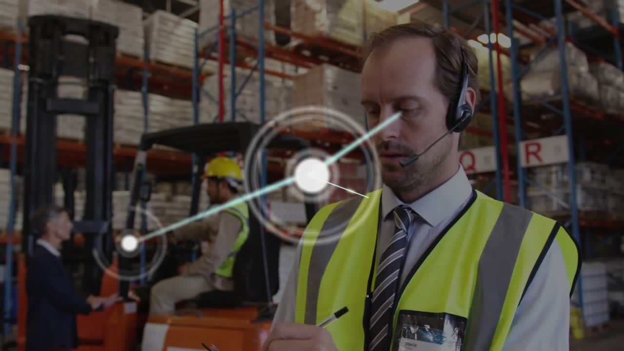 Supervisor calling on headset, activating node overlay linking racks and forklift for logistics