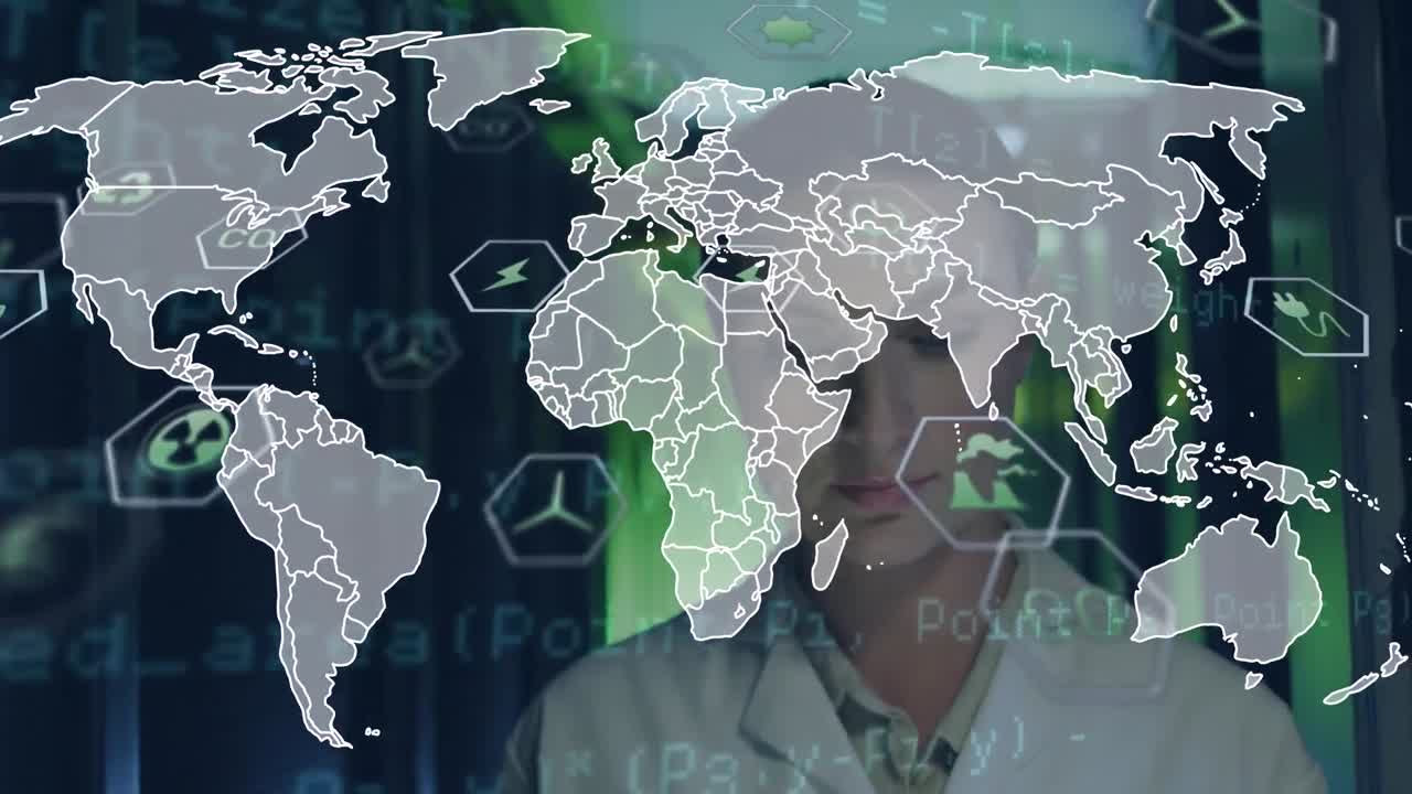 animación de iconos y mapa del mundo sobre mujer caucásica caminando